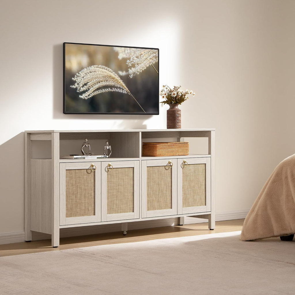SICOTAS White Rattan TV Stand Entertainment Center Cabinet with 4 Doors