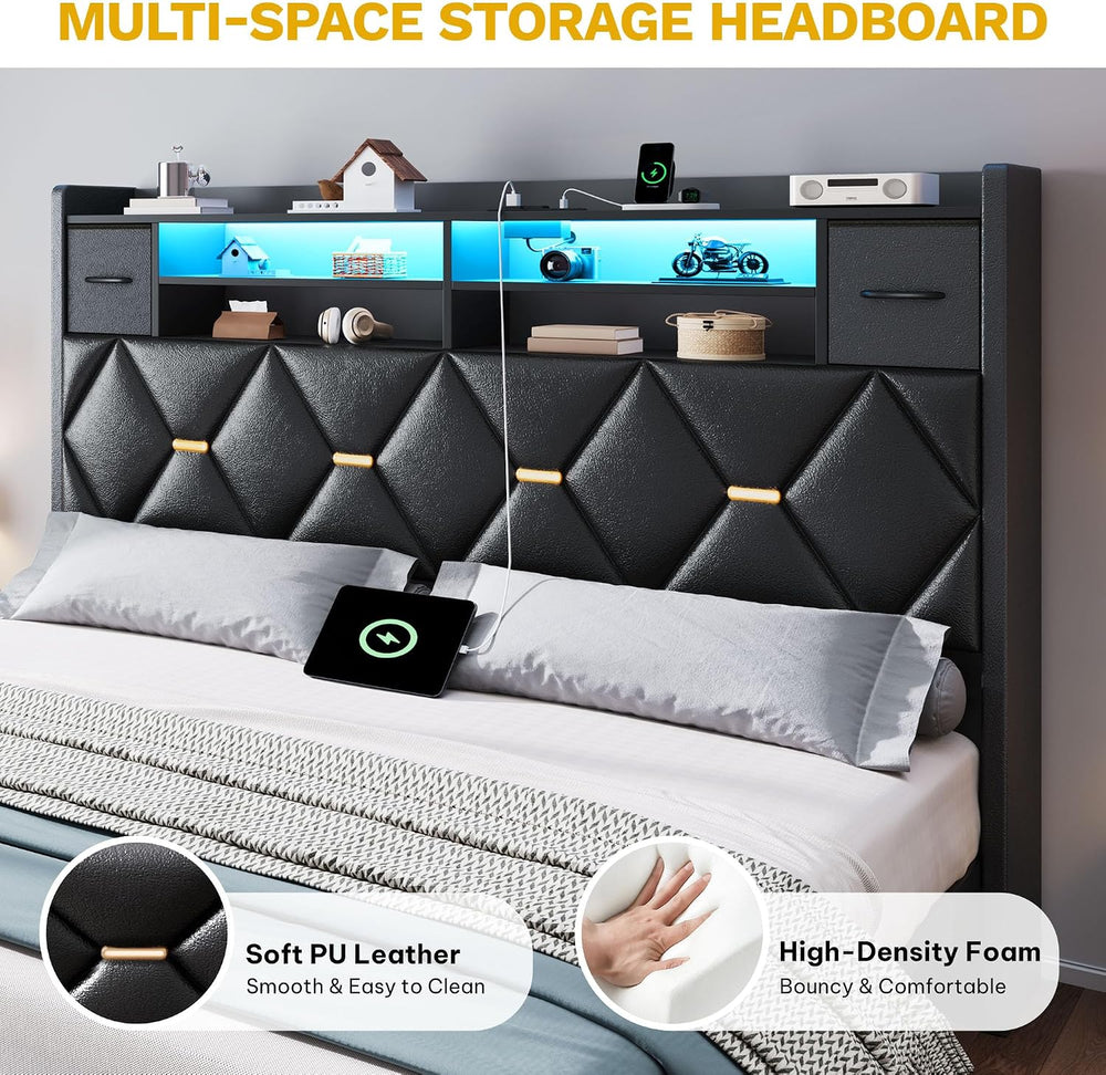 YITAHOME Queen Size Bed Frame with 2 Storage Drawers and Storage Headboard