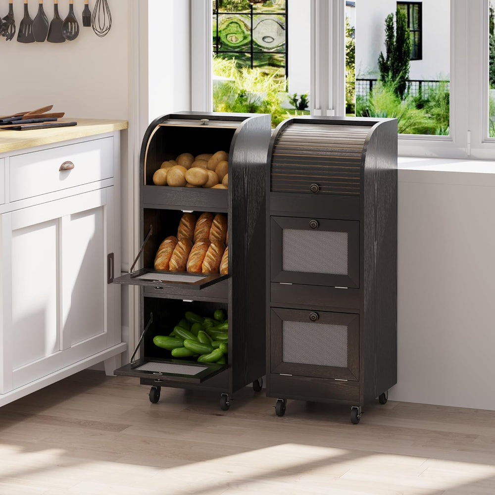 Potato & Onion Storage Bin with Wheels & Mesh Doors,3-Tier Bread Box,...