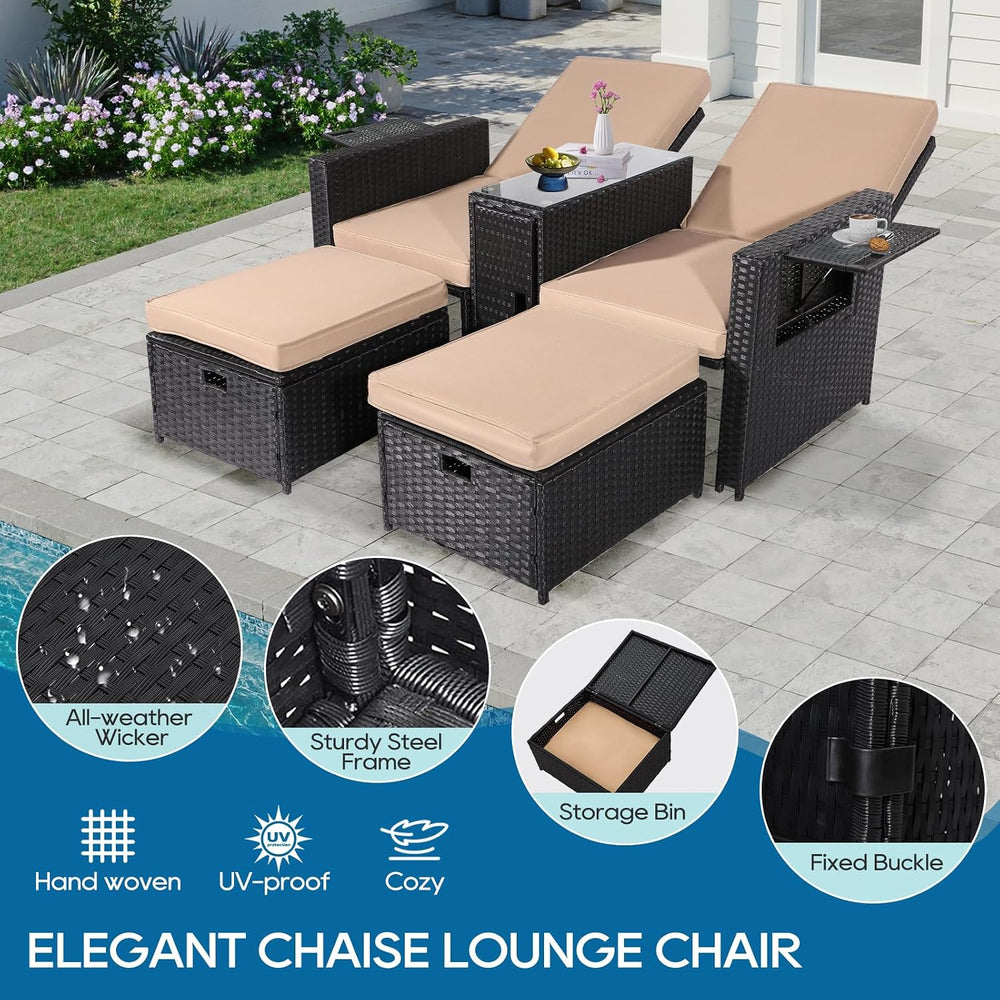 5PCS Outdoor Wicker Chaise Lounge Chair - Rattan Adjustable Reclining Patio L...