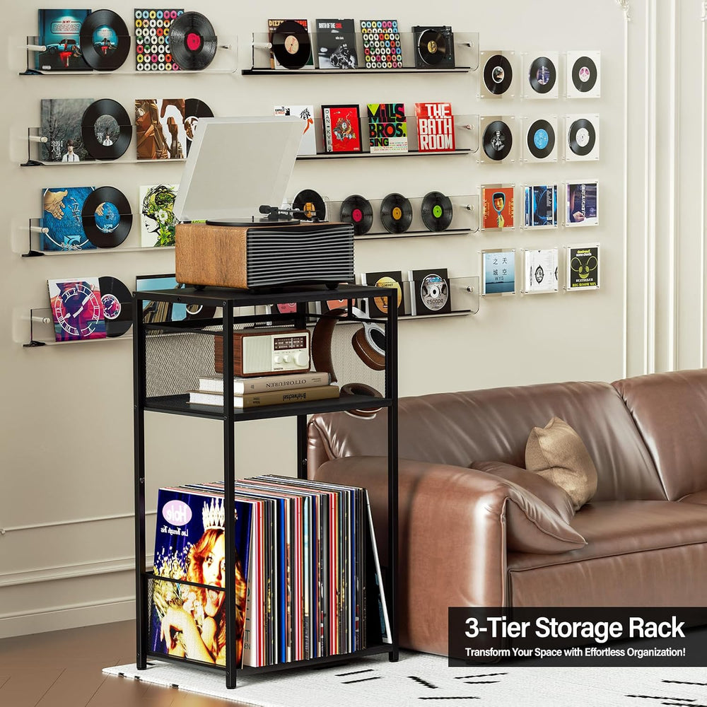 Aduanbang 3 Tier End Table,Record Player Stand with Storage Up to 100 Albums,...