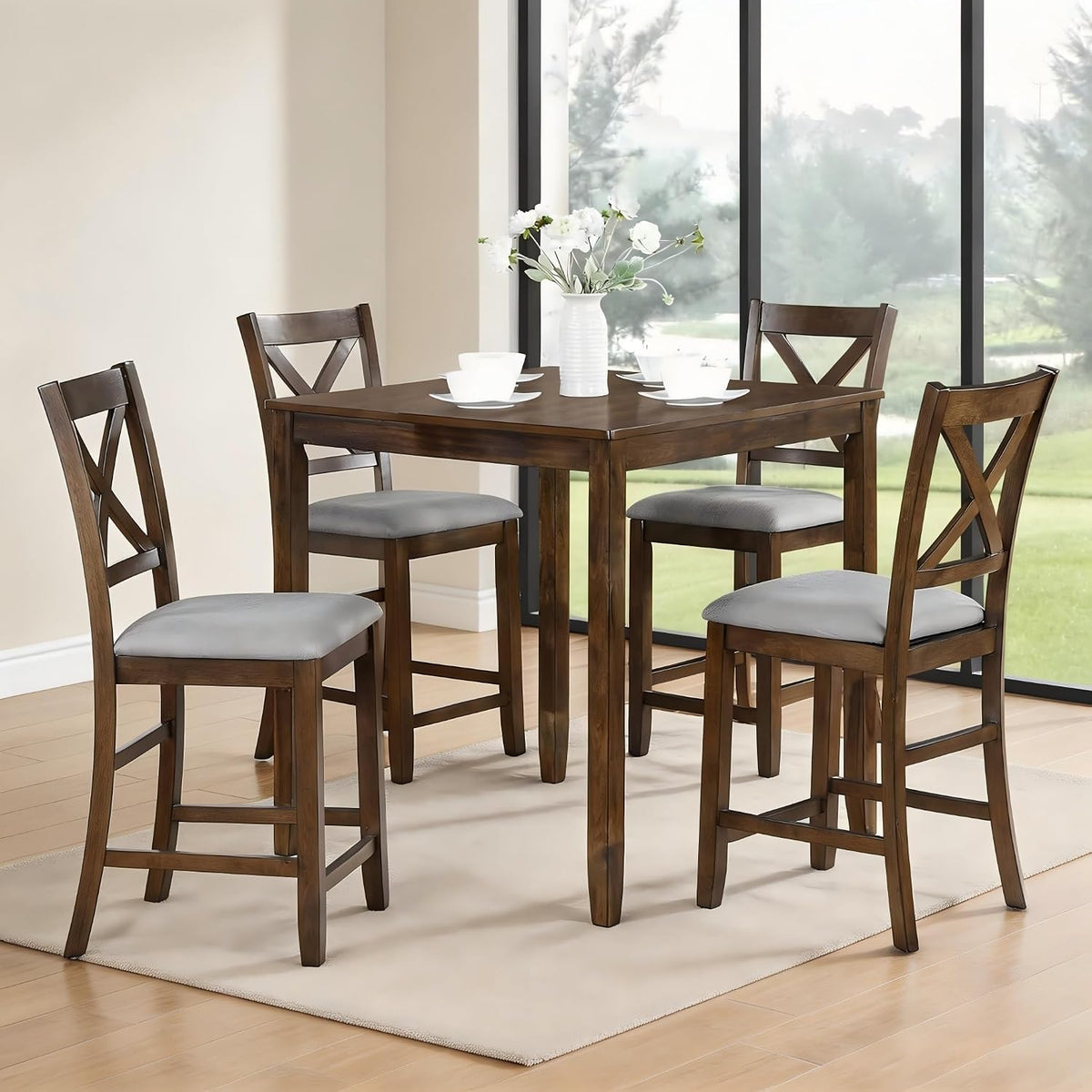 LUMISOL Dining Table Set for 4, Farmhouse Counter Height Kitchen Table Set with 4 Upholstered Chairs, 5-Piece Solid Wood Table and Chairs Set for Kitchen, Dining Room, Small Space, Walnut