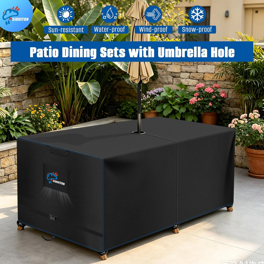 SIRUITON 108" Rectangular Patio Dining Table Cover with Umbrella Hole 300D