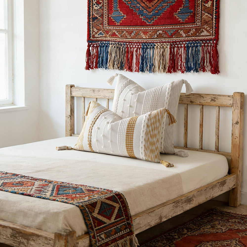 DEZENE Boho Pillow Cover 18x18 Beige - Handmade Woven Textured Throw Pillow C...