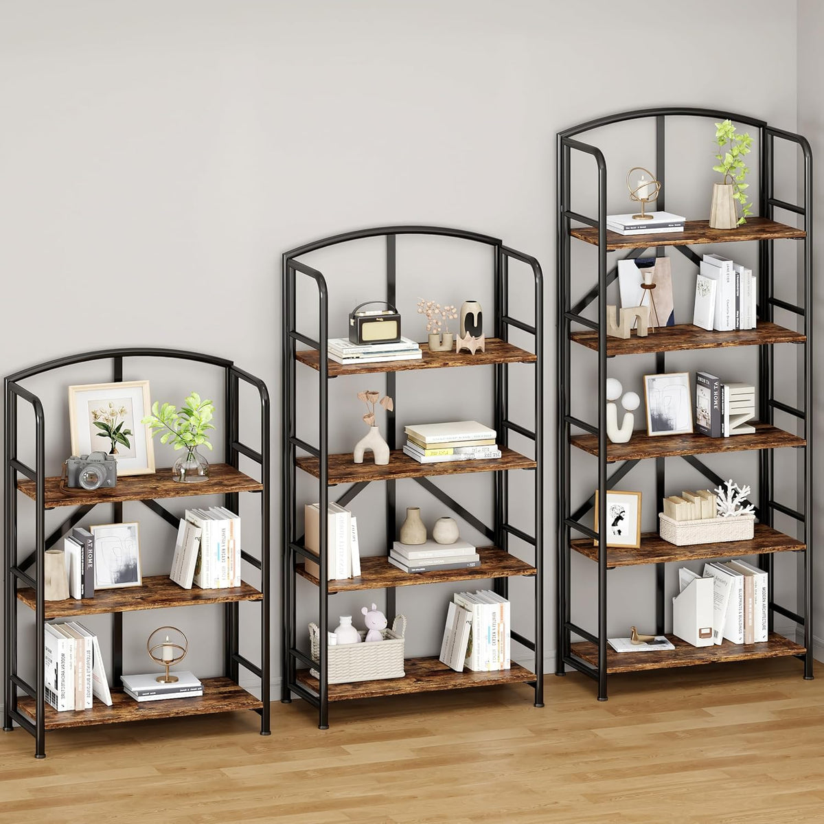 no assembly,folding bookshelf 5 tiers, vintage storage rack,rustic showing dimensions