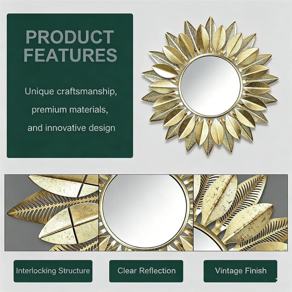 24" Gold Sunburst Flower Decorative Round Mirror for Wall Decor