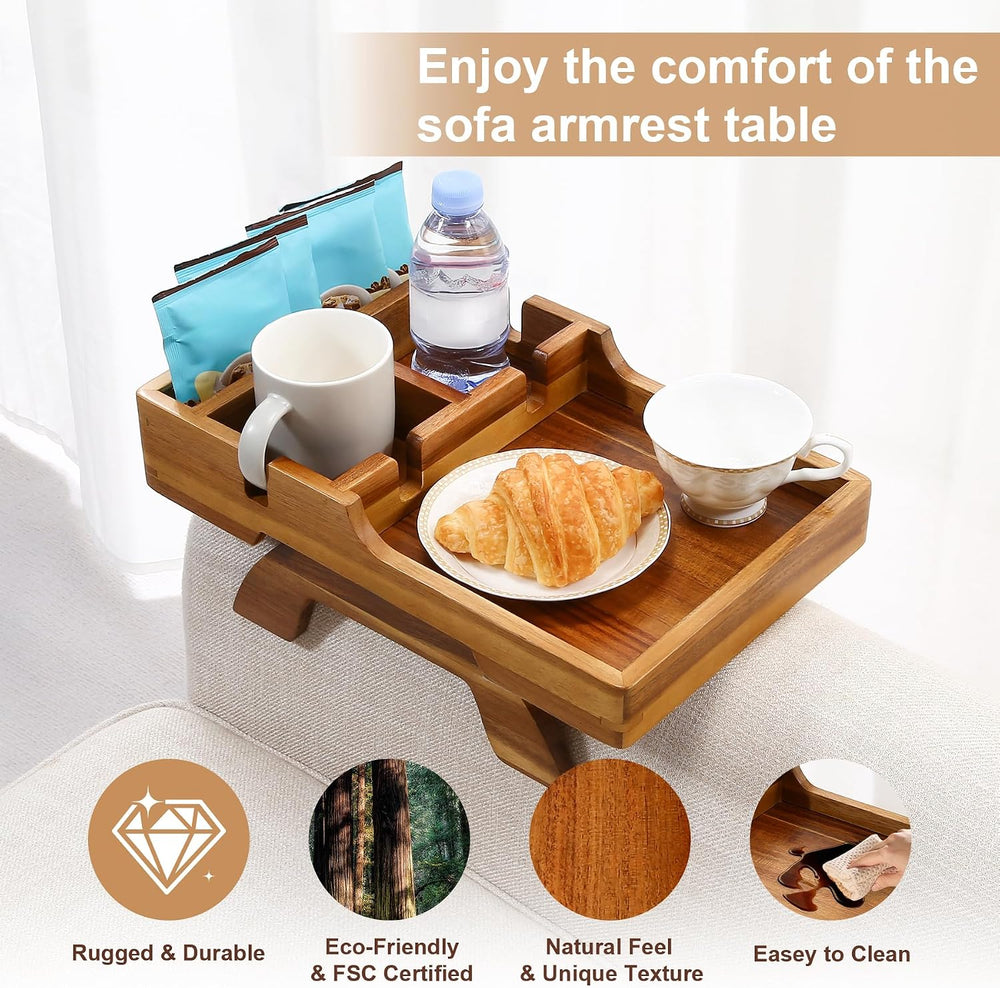 Acacia Wood Couch Armrest Table with 2 Cup Holders & Remote Slot 15.4&quo...