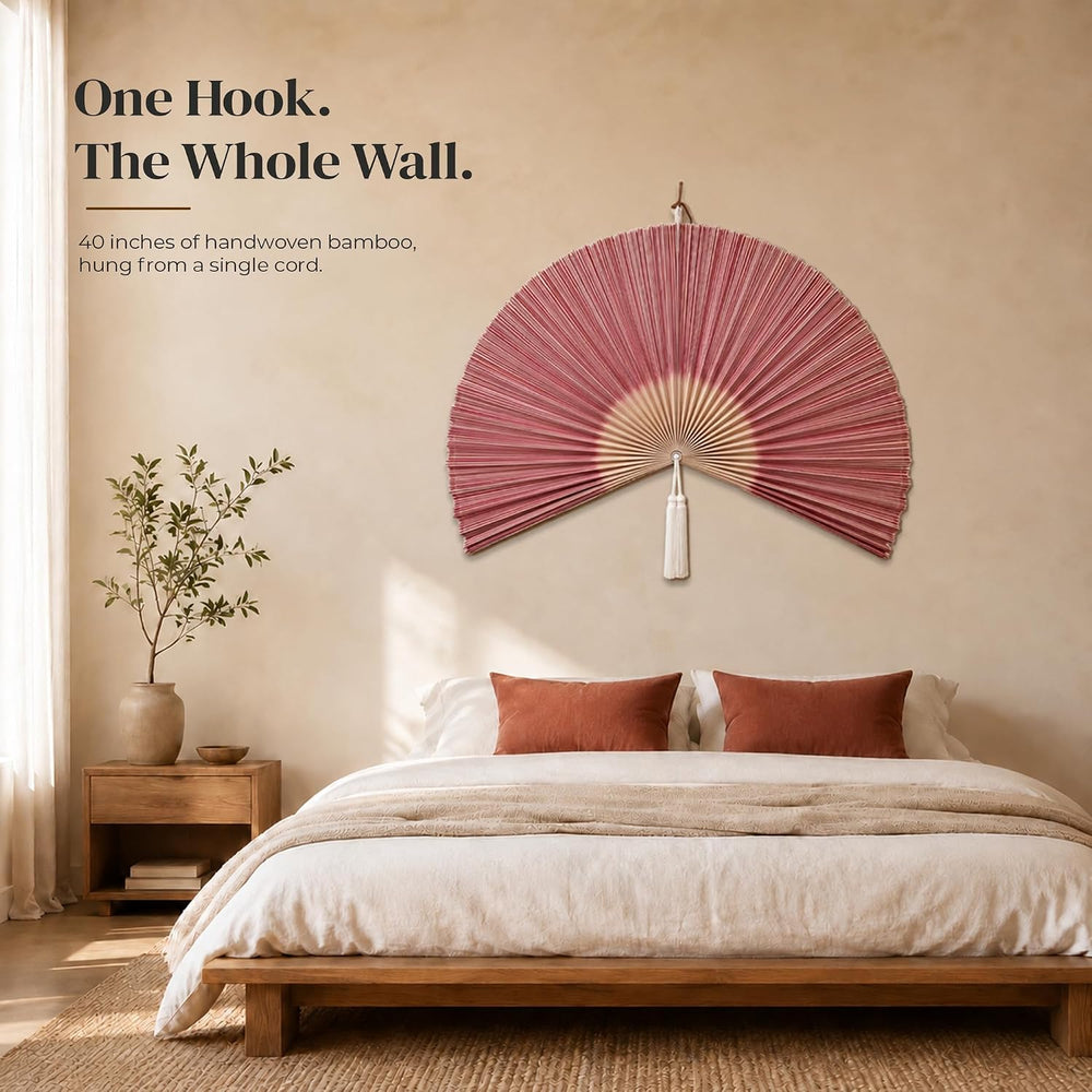 ChumDecor Bamboo Fan Wall Decor, Japanese Wall Fan, Red Pink 40 in