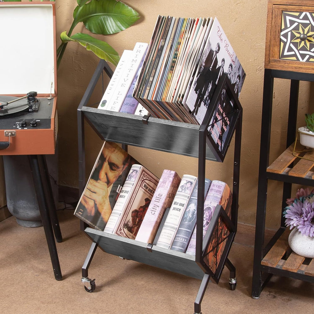 SwaaVee Vinyl Record Storage Holder with Wheels, 2-Tier Record Holder 160-200...