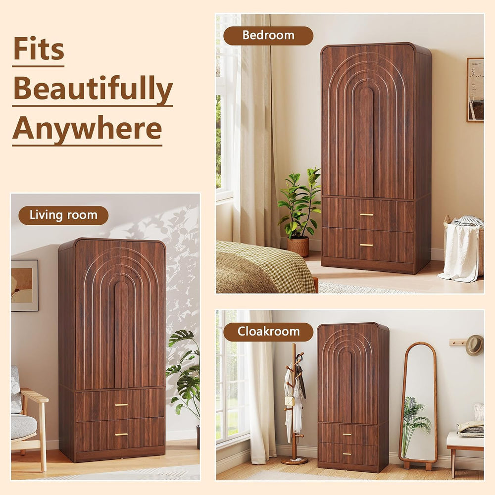ORRD Freestanding Armoire Wardrobe Closet with Arched Fluted 2 Doors and 2 St...