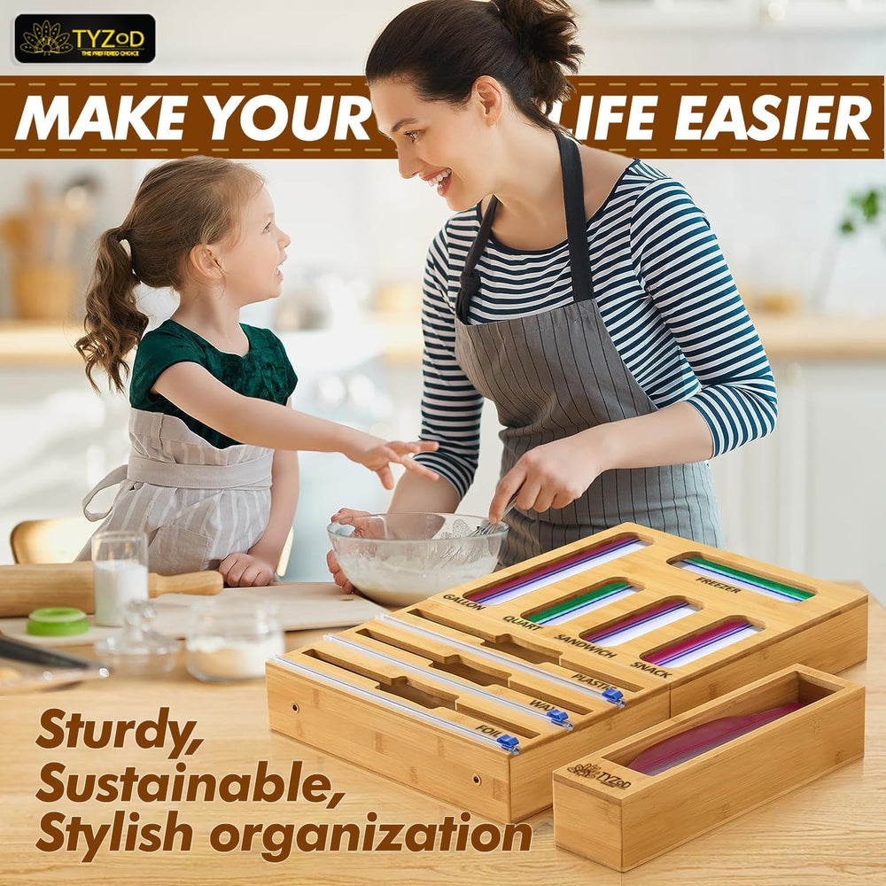 9-in-1 Bamboo Storage Bag Organizer with Cutter, Kitchen Drawer & Wall Mo...