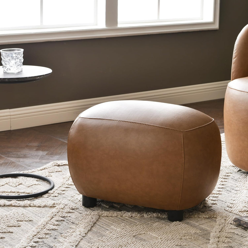 KINWELL 23" Wide Faux Leather Upholstered Ottoman Footrest, Camel | Living Room Footrest with Soft Padded Seat, Mid-Century Modern Entryway Footstool for Bedroom, Entryway or Living Room