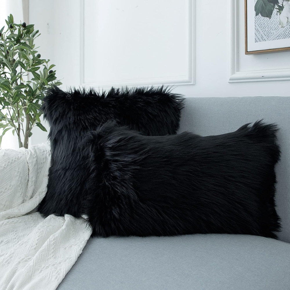 LIGICKY Set of 2 Black Fluffy Pillows Luxury Series Soft Faux Fur Throw Pillo...