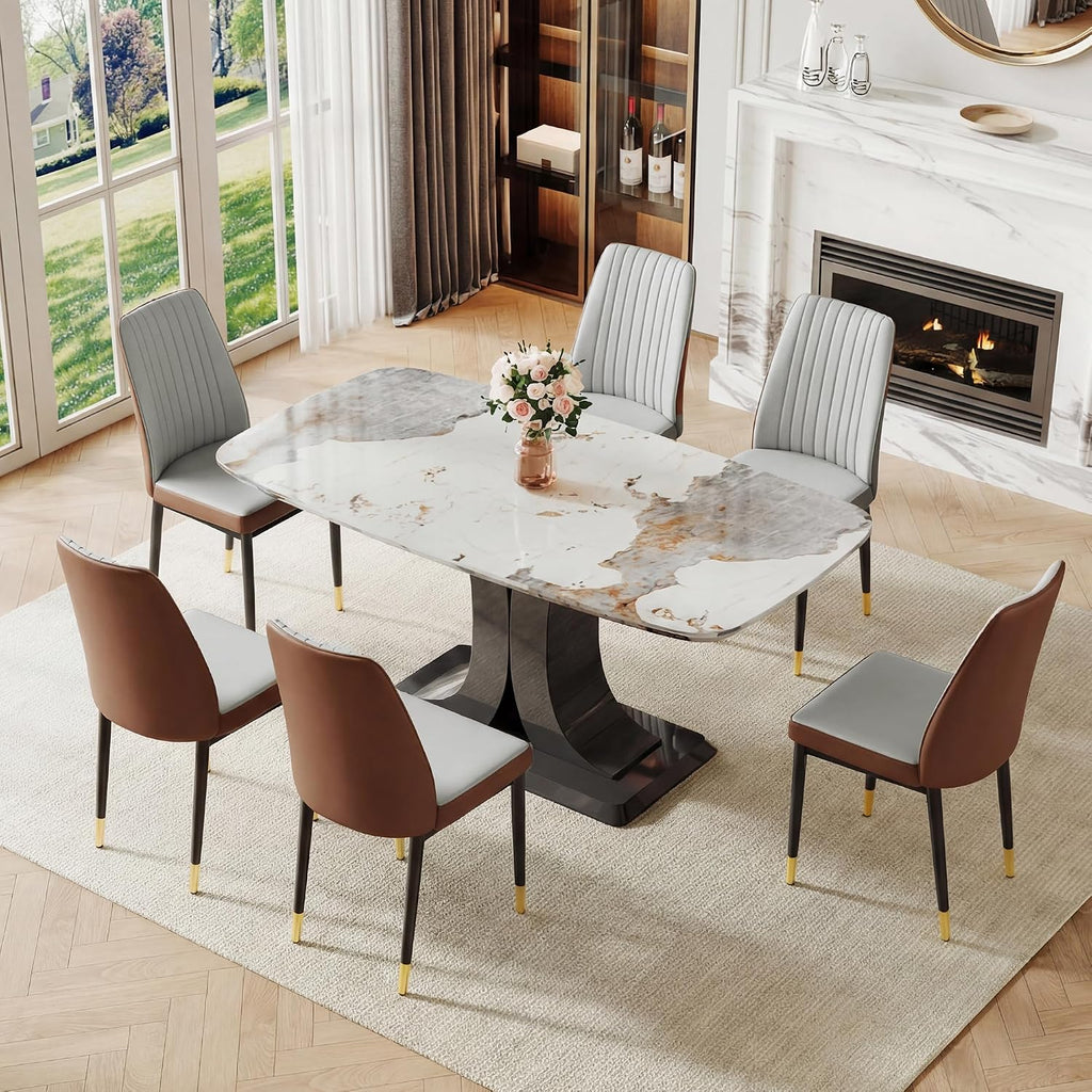 modern dining table set for 6, marble kitchen shown in use