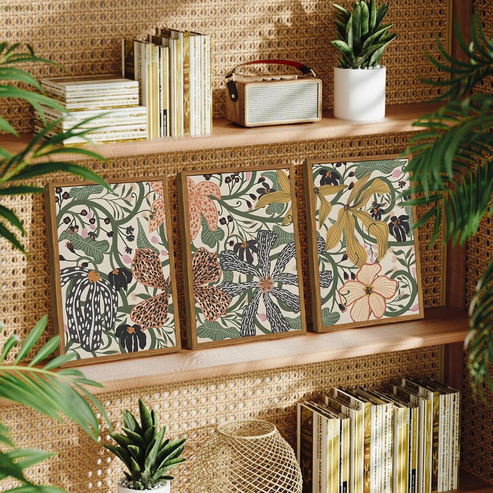Framed Boho Floral Canvas Wall Art Set of 3, Sage Green Flower Pictures Wall ...