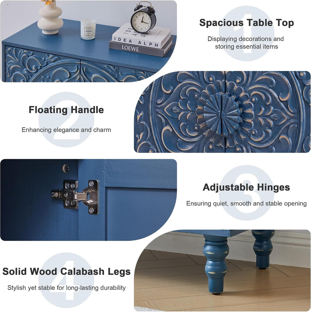 Blue Distressed Carved Accent Cabinet,2 Door Storage Sideboard for Entryway