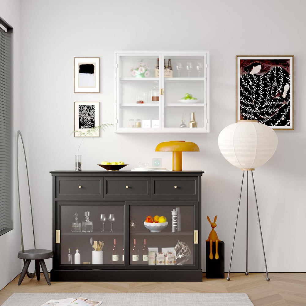Retro Style Haze Double Glass Door Wall Cabinet with Detachable Shelves for O...