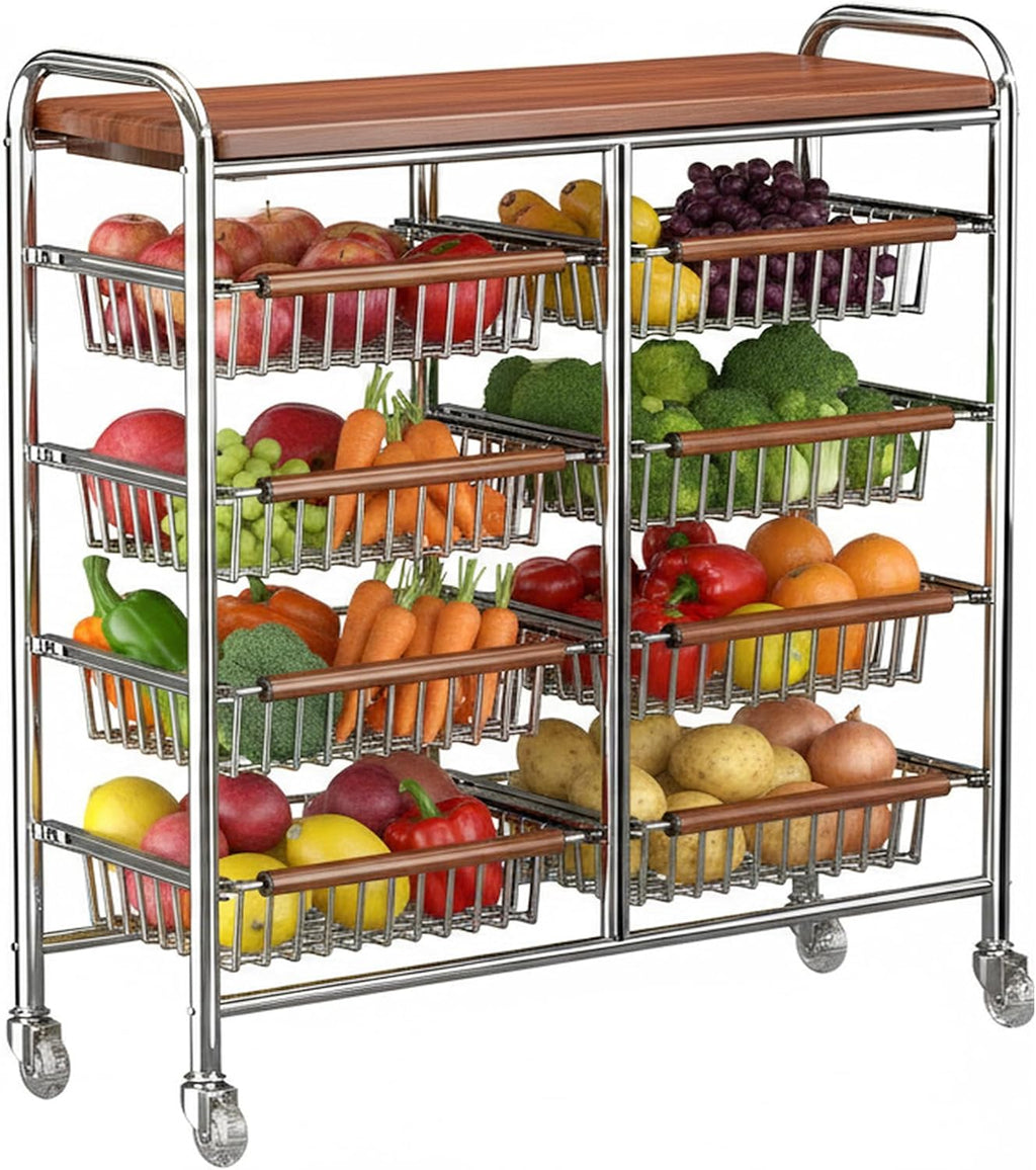 10-Tier Rolling Kitchen Storage Cart, Heavy Duty Wire Pantry Rack | Rust-proof carbon steel, pull-out drawers for fruit/veg, lockable wheels, space-saving kitchen/laundry/bath organizer