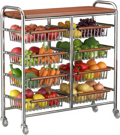 10-Tier Rolling Kitchen Storage Cart, Heavy Duty Wire Pantry Rack | Rust-proof carbon steel, pull-out drawers for fruit/veg, lockable wheels, space-saving kitchen/laundry/bath organizer