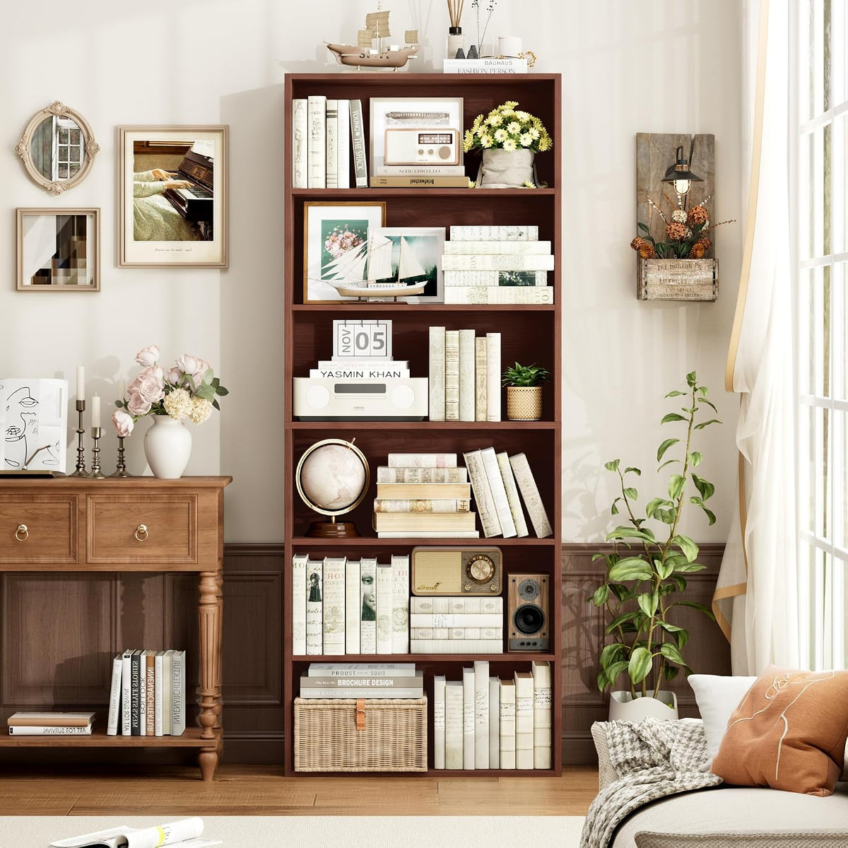 fotosok 6 tier tall bookshelf and bookcase with showing dimensions
