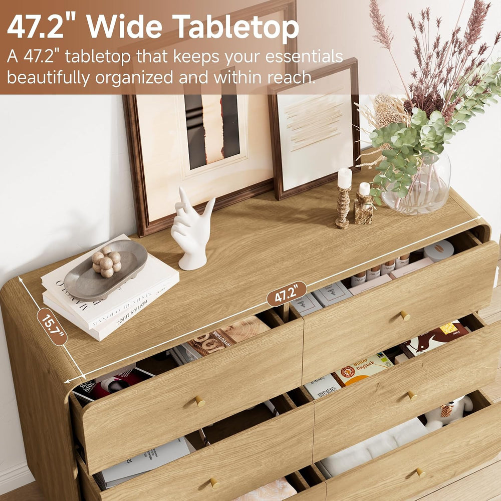 4 Pieces Bedroom Set, 6-Drawer Dresser & 3-Drawer Nightstands Set of 2 wi...