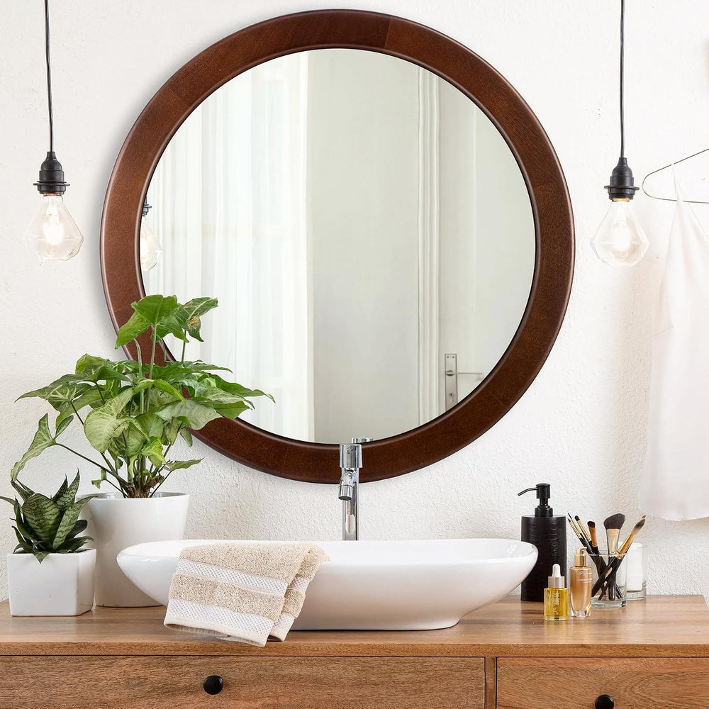 CULER Round Wood Mirror 24 Inch,Circle Mirror with Walnut Frame for Wall