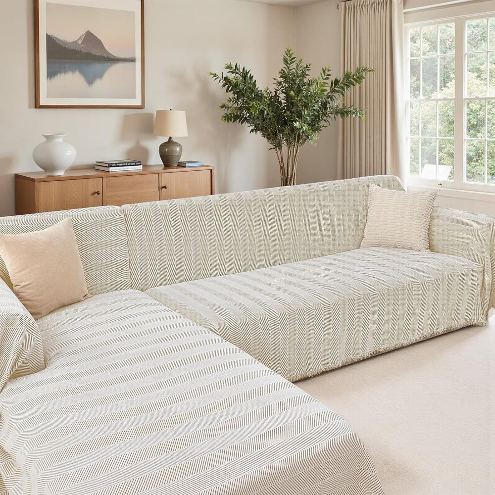 Herringbone L Shaped Couch Cover for Sectional Sofa, 2 Pcs, Almond Cream
