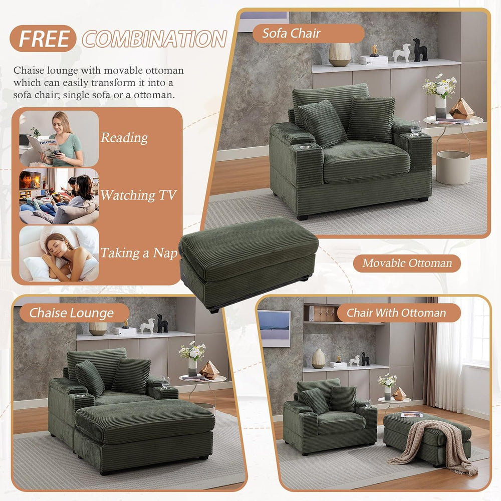 50" Oversized Chaise Lounge Chair Indoor with Ottoman and Storage, Deep ...