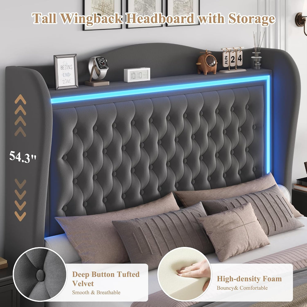 King Bed Frame 55" Tall Headboard with LED Lights, Buttons Tufted Velvet...