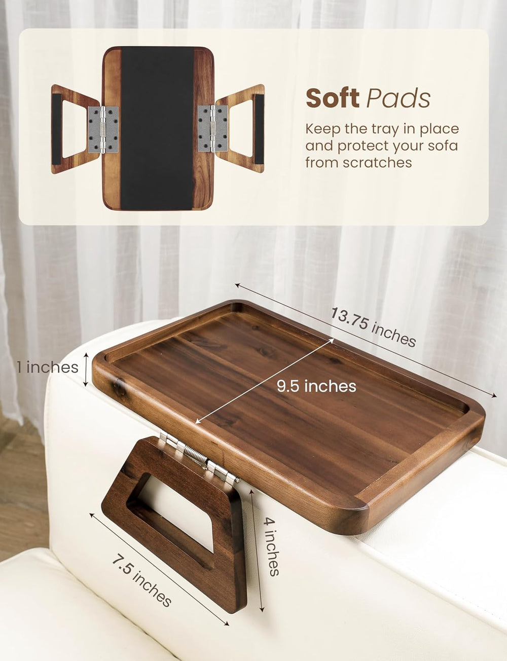 TINAMO Wood Sofa Arm Tray, Clip-On Couch Table for Wide Sofa, Walnut Finish