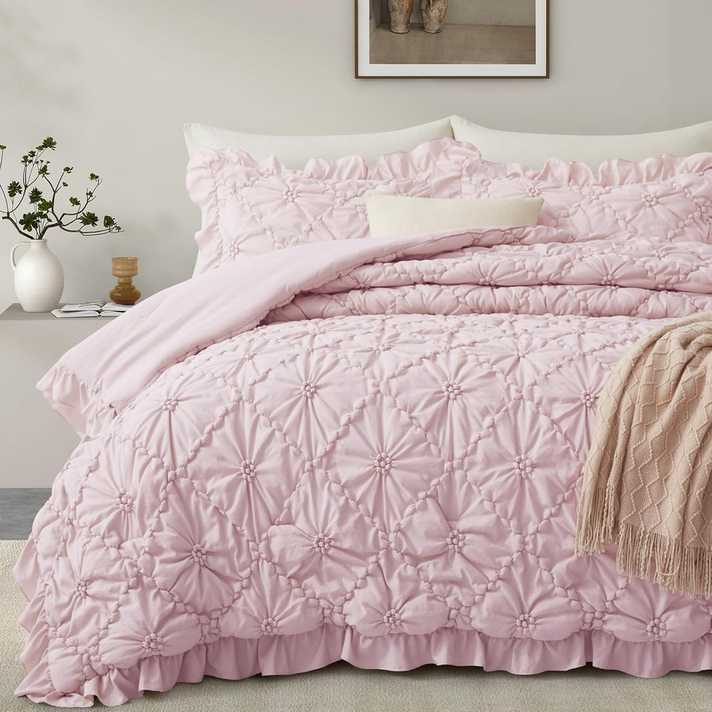 BEDAZZLED King Comforter Set, Pink Pinch Pleat Ruffle, 3 Pieces