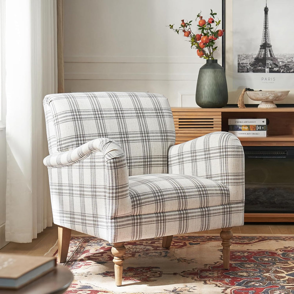 HULALA HOME Farmhouse Accent Chair with Plaid Pattern, Grey