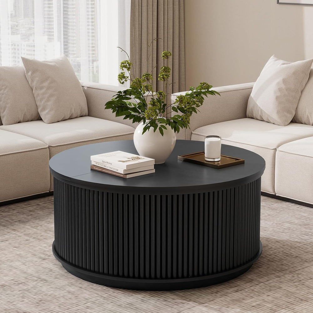 LYNCOHOME 31.5'' Fluted Flip Top Round Coffee Table with Storage, Dru...