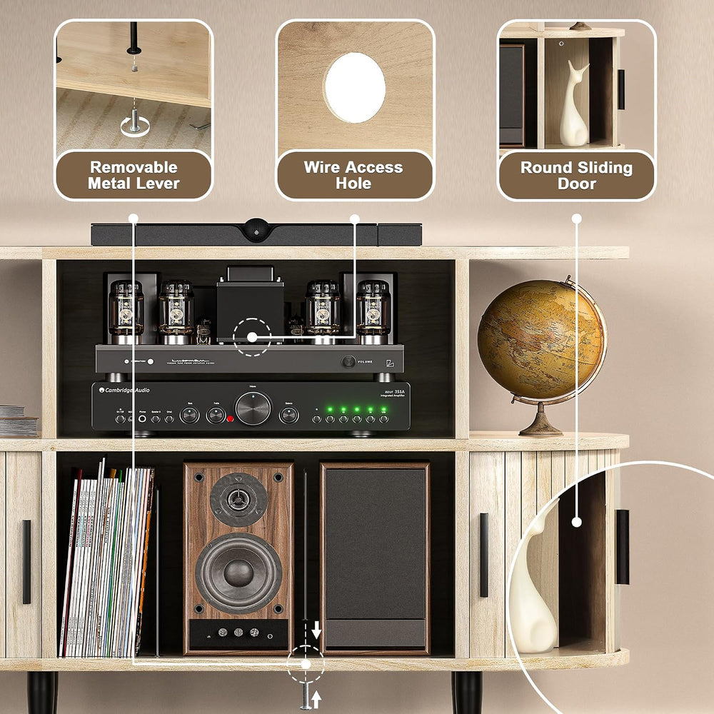 Large Record Player Stand with Storage and Shelves, Natural