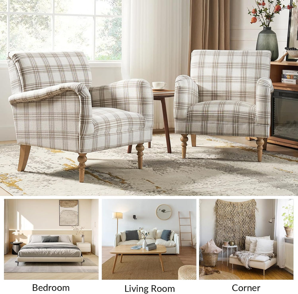 HULALA HOME Farmhouse Accent Chair with Plaid Pattern, Tan