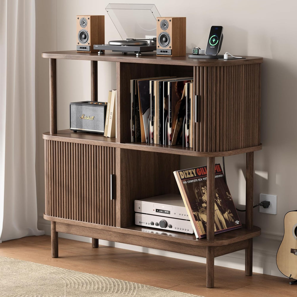 40" Large Record Player Stand with Charging Station, Mid Century Modern ...