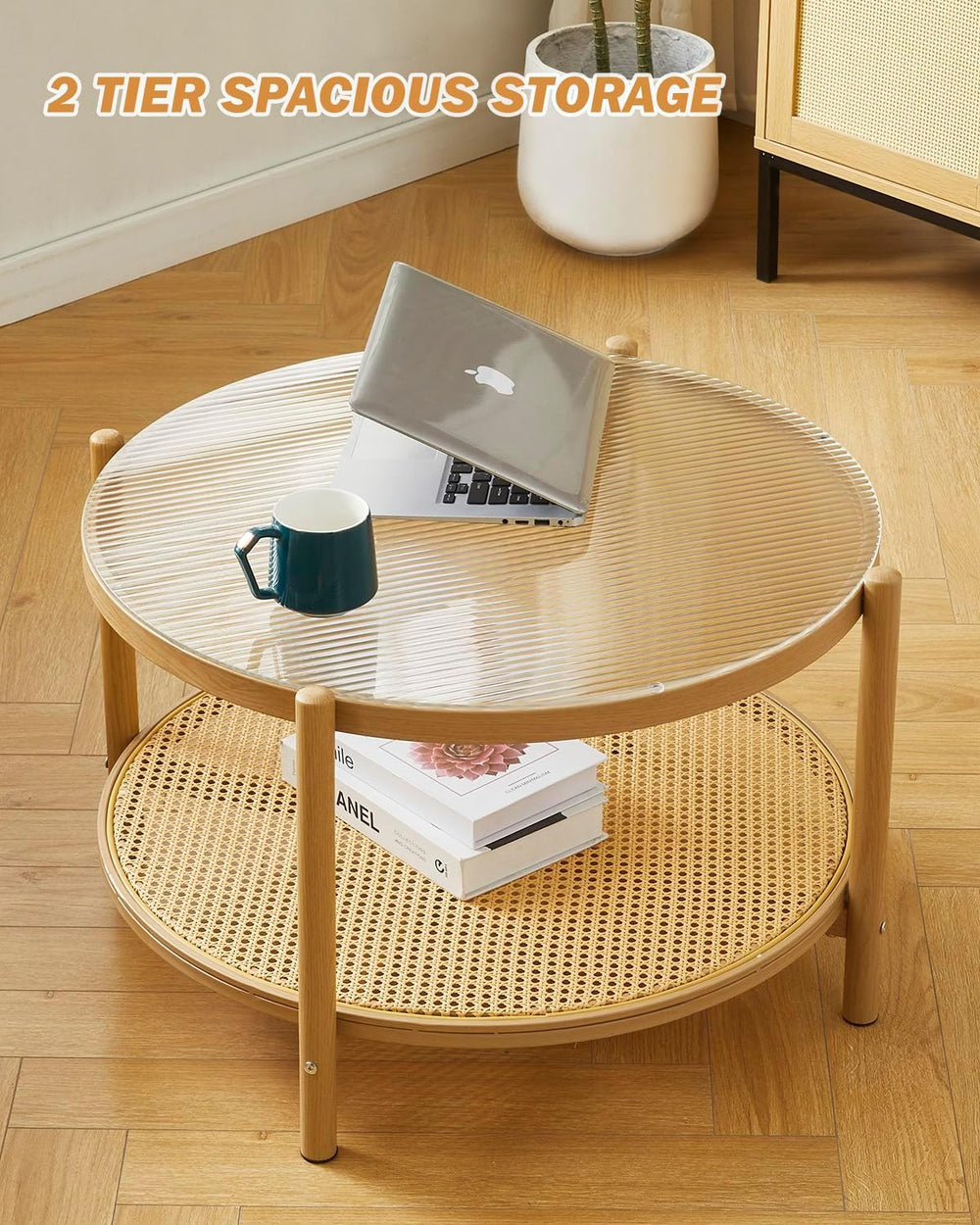 COSVALVE 27.5" Boho Rattan Coffee Table, Round Glass Metal Center Table