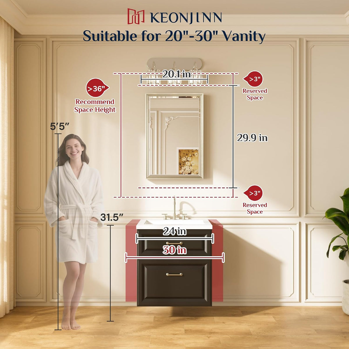 Keonjinn Brushed Nickel Bathroom Mirrors for Over Sink 20" x 30", Rectangle