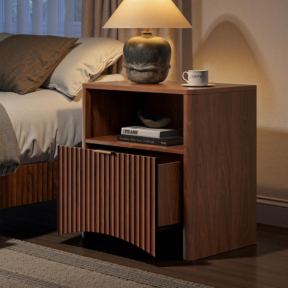 Evermagin Queen Bedroom Set, Fluted Floating Bed Frame & Nightstands,Walnut