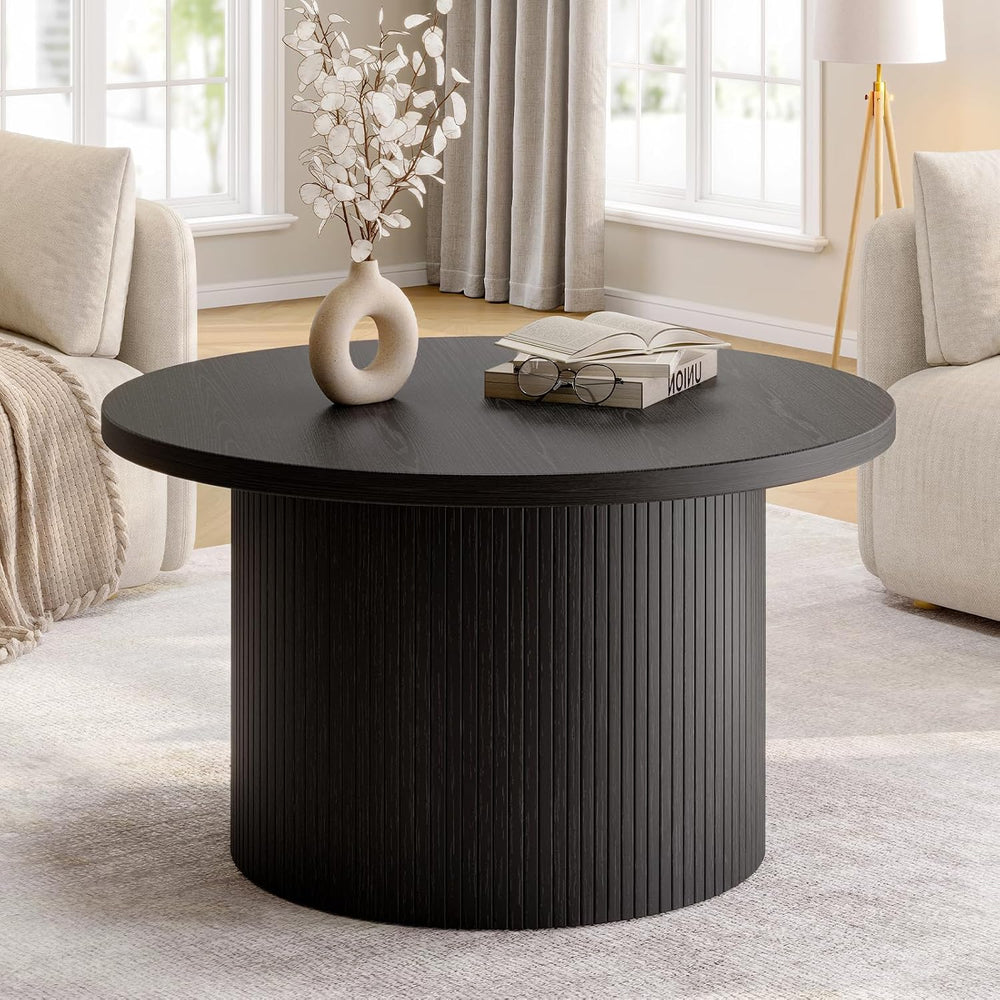 ONBRILL 31.5" Round Coffee Table, Tambour Design, Black
