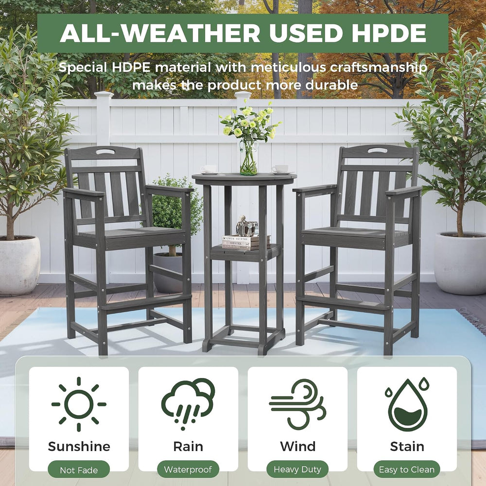 Outdoor Bistro Bar Set, Patio High Top Table and Bar Height Tall Adirondack C...