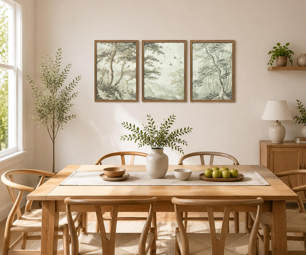 Botanical Forest Wall Art Set of 3 Framed, Vintage Neutral Canvas Prints