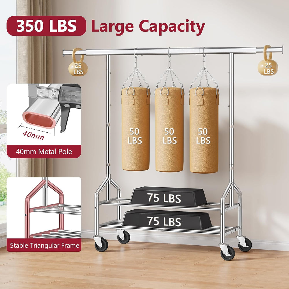 Tajsoon Clothes Rack with 2 Shelves, Heavy Duty Load 350 LBS, Chrome