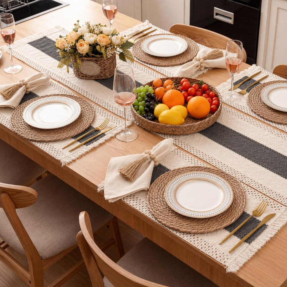 Boho Kitchen Decor Table Runner and Placemats Set, Grey, 6 Sets, 12x72inch
