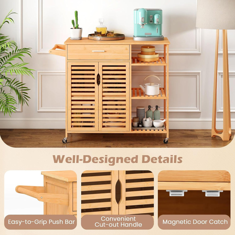 LOKO Mobile Bamboo Kitchen Island Cart, Rolling Storage Sideboard, Natural