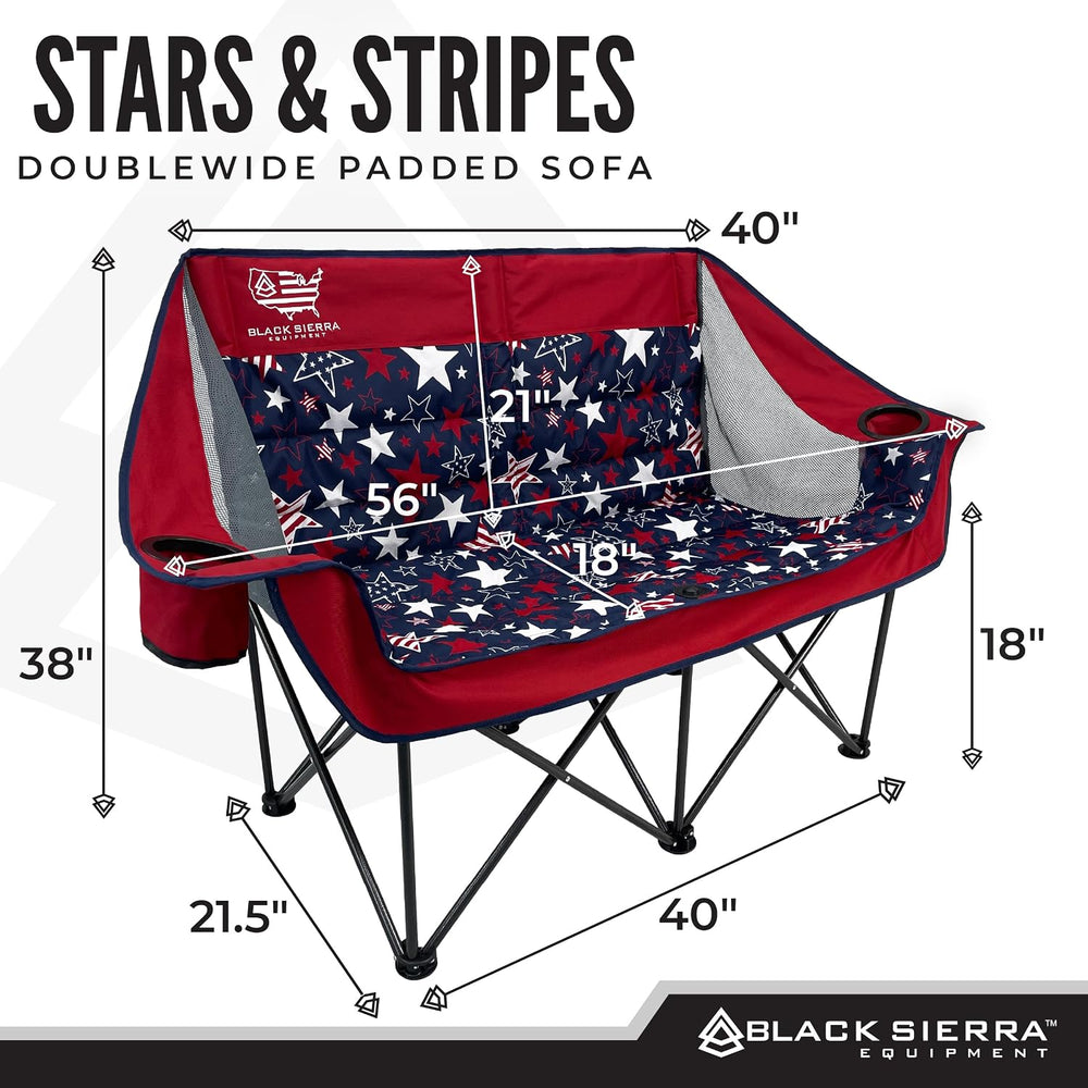 Black Sierra Double Camping Chair Loveseat, Oversized Padded, 600 lb