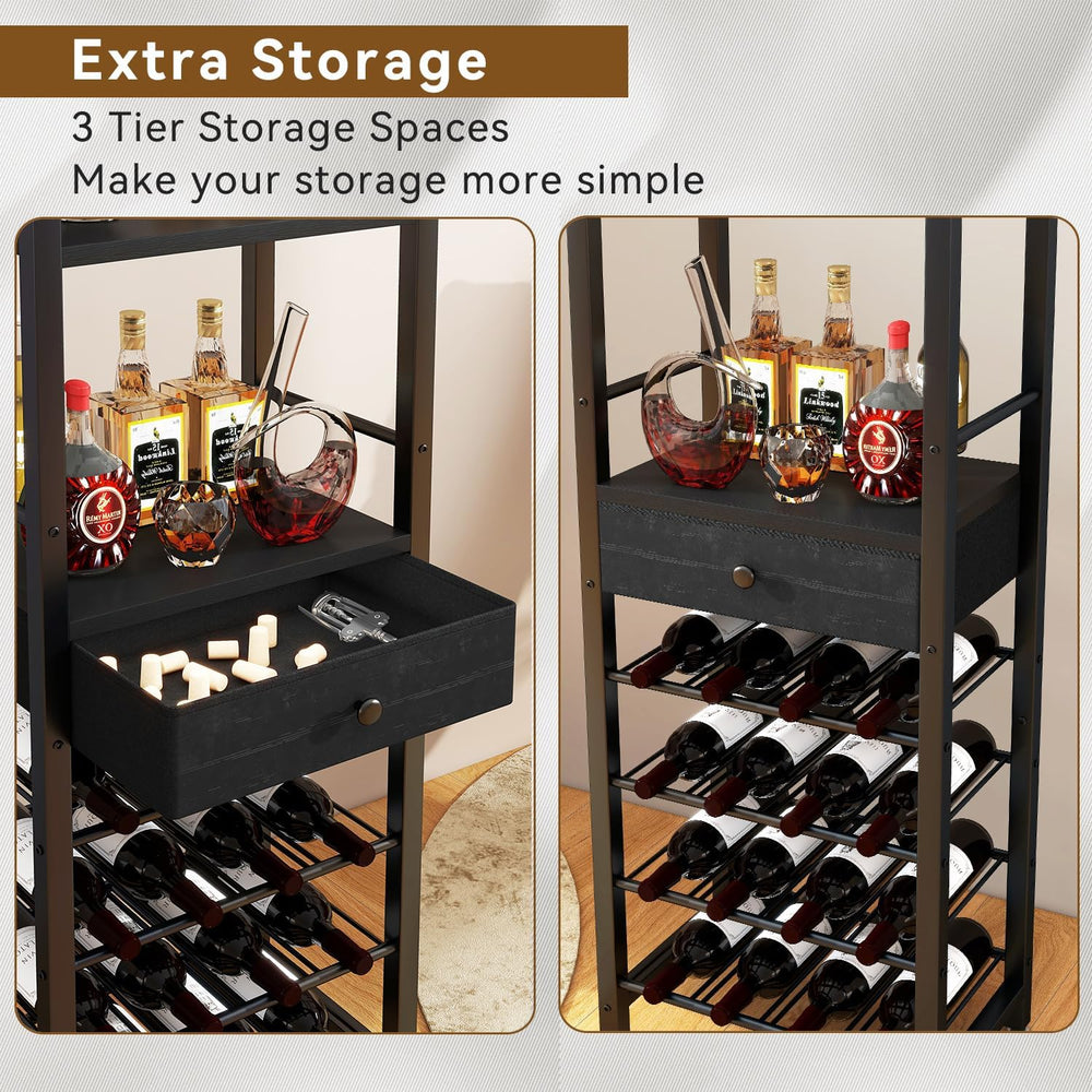 IBUYKE Wine Rack Freestanding Floor with Glass Holder,Black TMJ905B