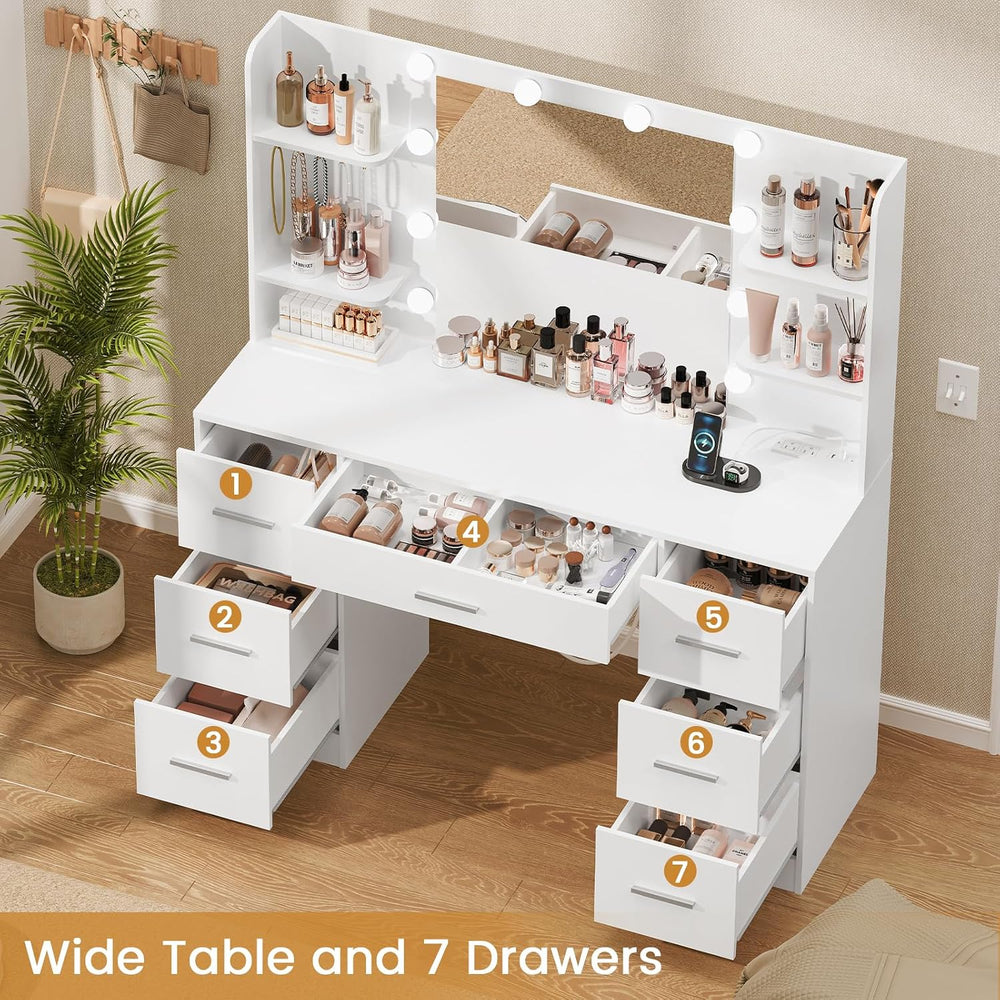 Quimoo Large Vanity Desk with LED Lighted Mirror & Power Outlet,Makeup Va...