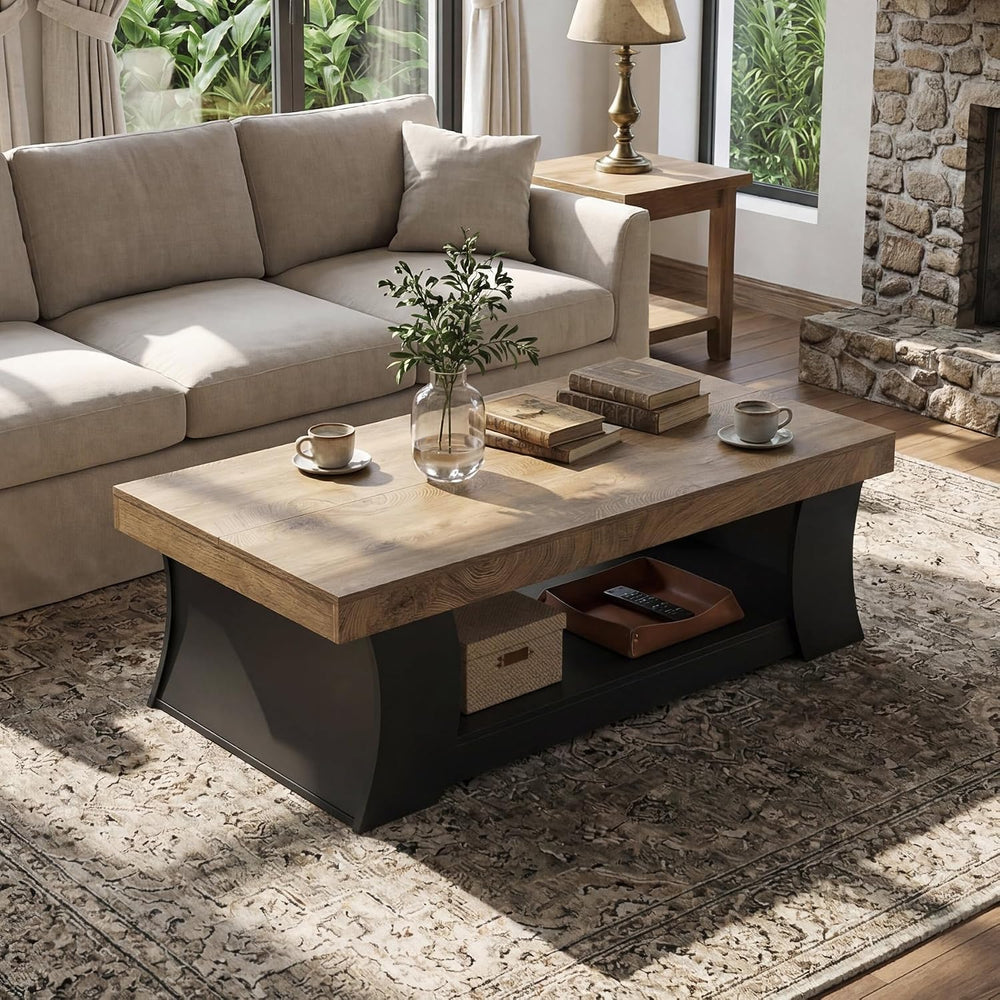 LITTLE TREE 55" Coffee Table, Living Room Table with Storage Shelf, Wood...