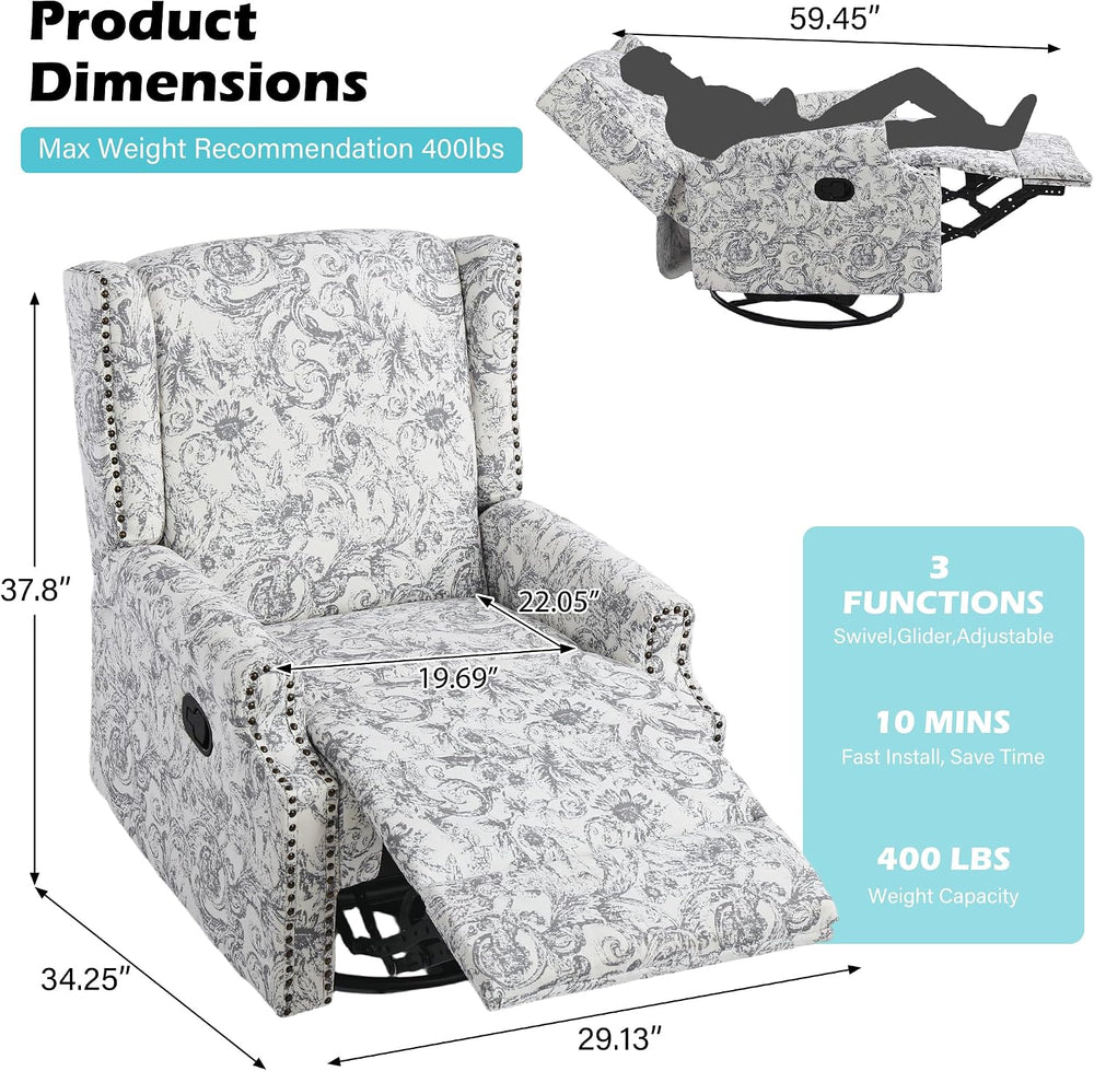 Swivel Rocker Recliner Chair, Rococo Wingback Armchair, Light Gray